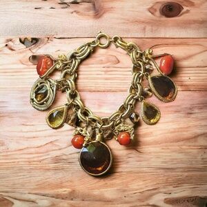 Vintage Accessocraft NYC Bracelet Amber Gold Tone Charm Molded Glass Car…